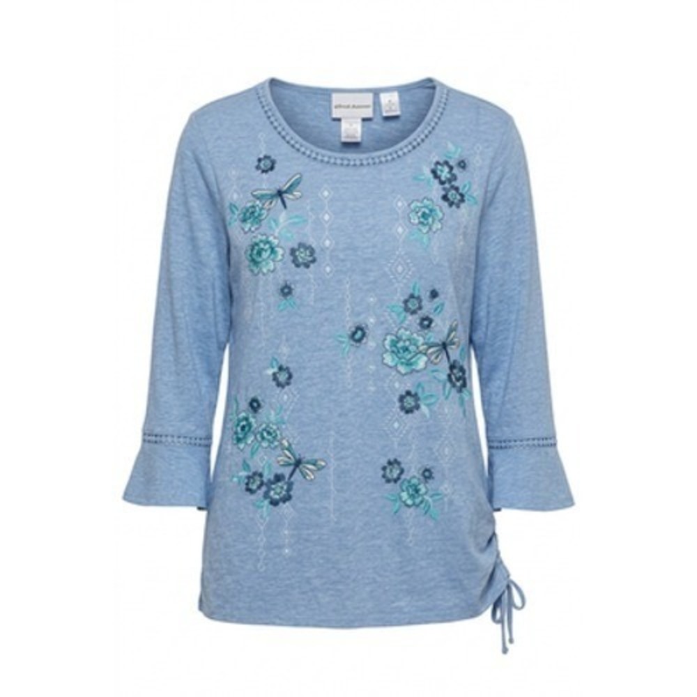 Alfred Dunner Shirt Women M Blue Floral Dragonfly Bell Sleeve Coastal Grandma‎